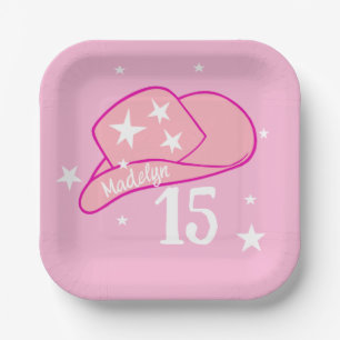Modern Cowgirl Western Hat Pink Girl 15th Birthday Paper Plate