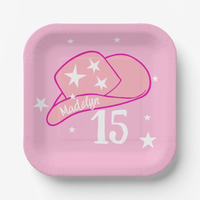 Modern Cowgirl Western Hat Pink Girl 15th Birthday Paper Plate (Front)