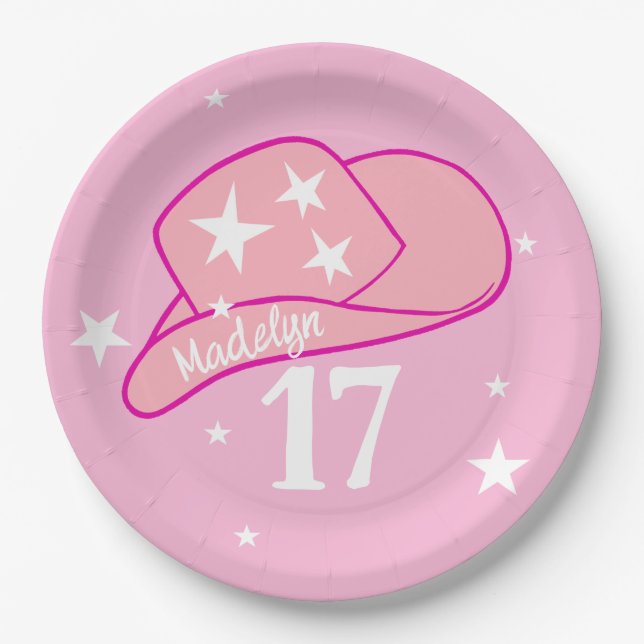 Modern Cowgirl Western Hat Pink Girl 17th Birthday Paper Plate (Front)