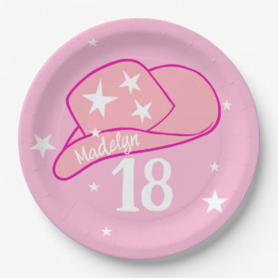 Modern Cowgirl Western Hat Pink Girl 18th Birthday Paper Plate