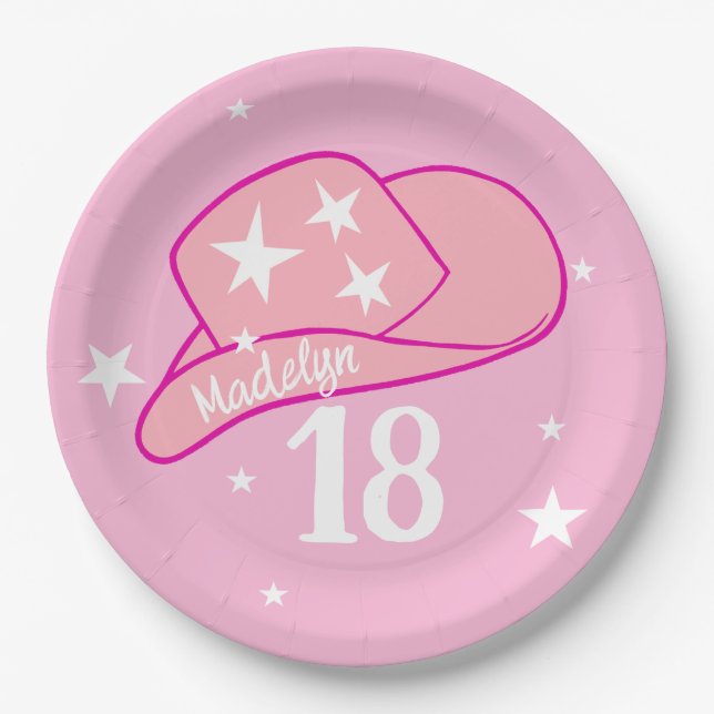 Modern Cowgirl Western Hat Pink Girl 18th Birthday Paper Plate (Front)