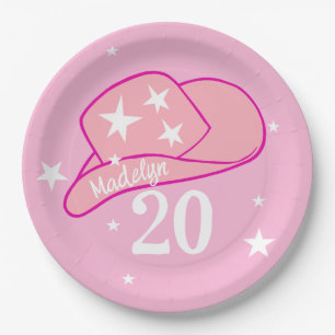 Modern Cowgirl Western Hat Pink Girl 20th Birthday Paper Plate