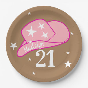Modern Cowgirl Western Hat Pink Girl 21st Birthday Paper Plate