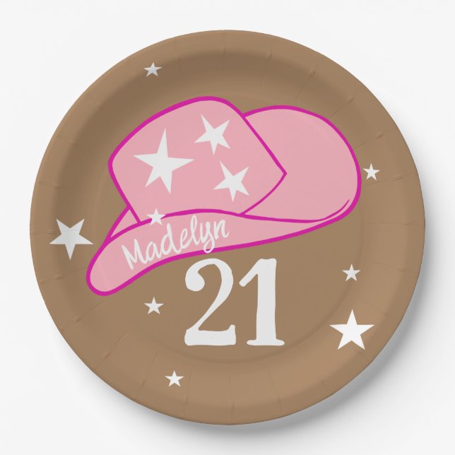 Modern Cowgirl Western Hat Pink Girl 21st Birthday Paper Plate (Front)