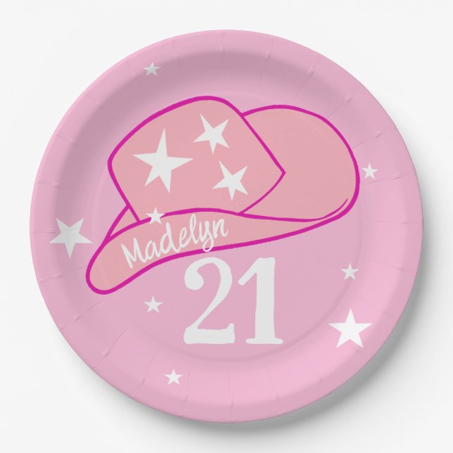 Modern Cowgirl Western Hat Pink Girl 21st Birthday Paper Plate (Front)