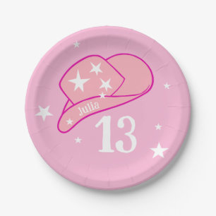Modern Cowgirl Western Hat Pink Sweet 13 Birthday Paper Plate