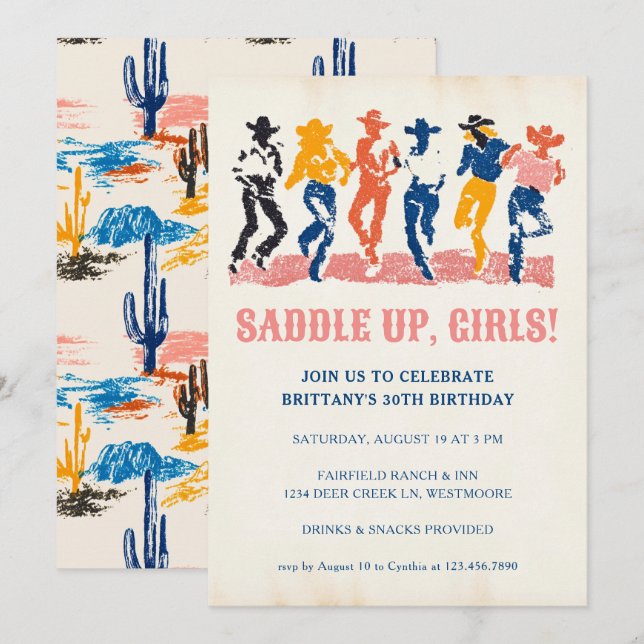 Modern Cowgirls Dancing Adult 30th Birthday Party Invitation (Front/Back)