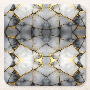 Modern Cracked Gold White & black marble Square Paper Coaster