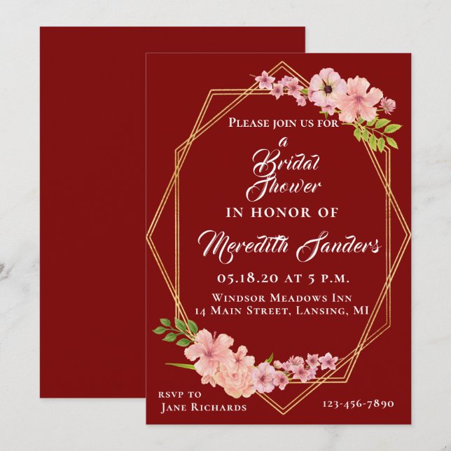 Modern Cranberry Gold And Blush Pink Bridal Shower Invitation (Front/Back)