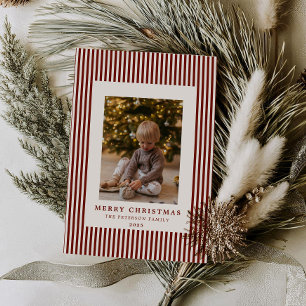 Modern Cranberry Pinstripe Christmas Family Photo Holiday Card