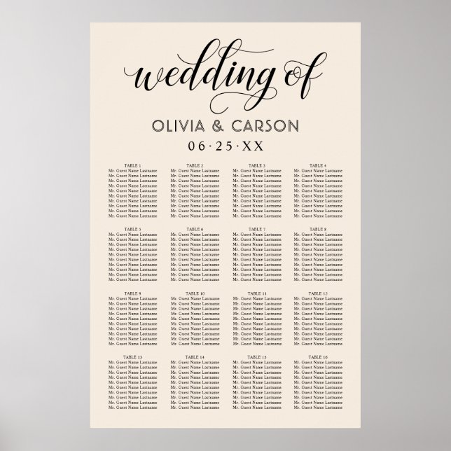 Modern Cream and Black Script Wedding Seating Poster (Front)