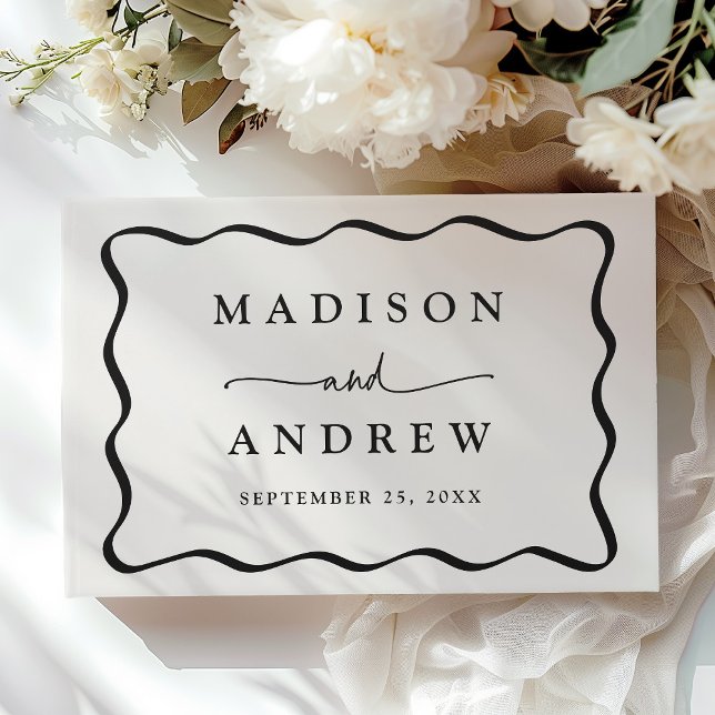 Modern Cream and Black Wavy Frame Photo Wedding Guest Book (Creator Uploaded)