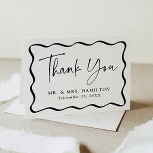 Modern Cream and Black Wavy Frame Photo Wedding Thank You Card