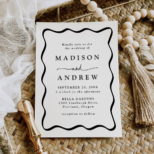 Modern Cream and Black Wavy Frame Wedding Invitation