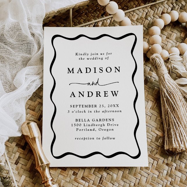 Modern Cream and Black Wavy Frame Wedding Invitation (Creator Uploaded)