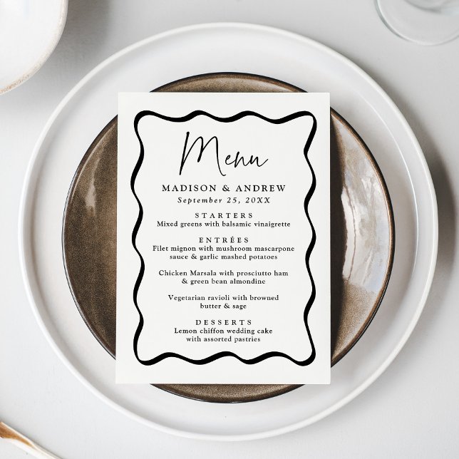 Modern Cream and Black Wavy Frame Wedding Menu (Creator Uploaded)