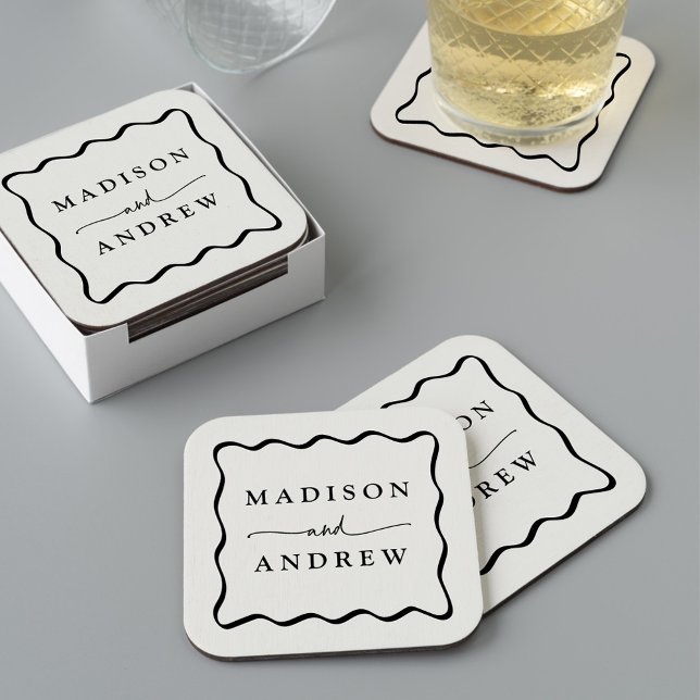 Modern Cream and Black Wavy Frame Wedding Square Paper Coaster (Creator Uploaded)