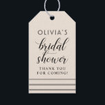 Modern Cream and Black Wedding Bridal Shower Gift Tags<br><div class="desc">Modern and chic neutral creamy warm white and black wedding bridal shower thank you favour tags feature a stylish black typographic design with bold calligraphy script and striped accents and elegant custom text that can be personalised with the bride's name and a thank you message.</div>