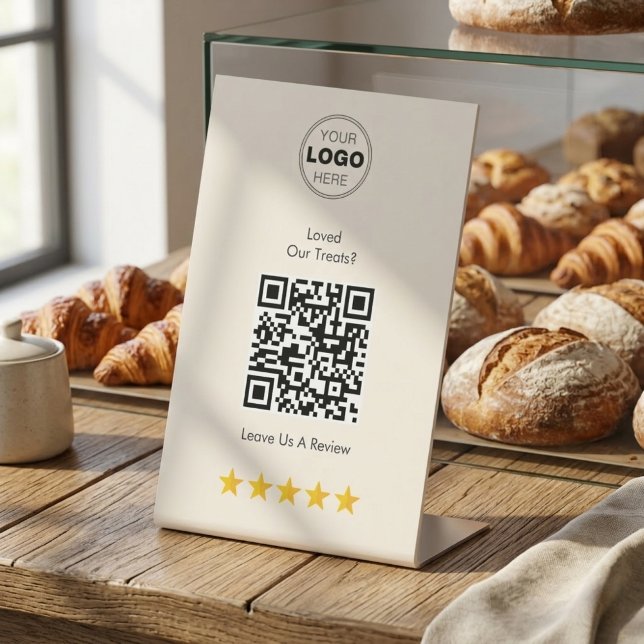 Modern Cream Bakery Review Request QR Code Pedestal Sign (Boost Your Bakery Reviews! Modern QR Code Pedestal Sign for Customer Feedback)
