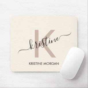 Modern cream beige script monogram name  mouse mat