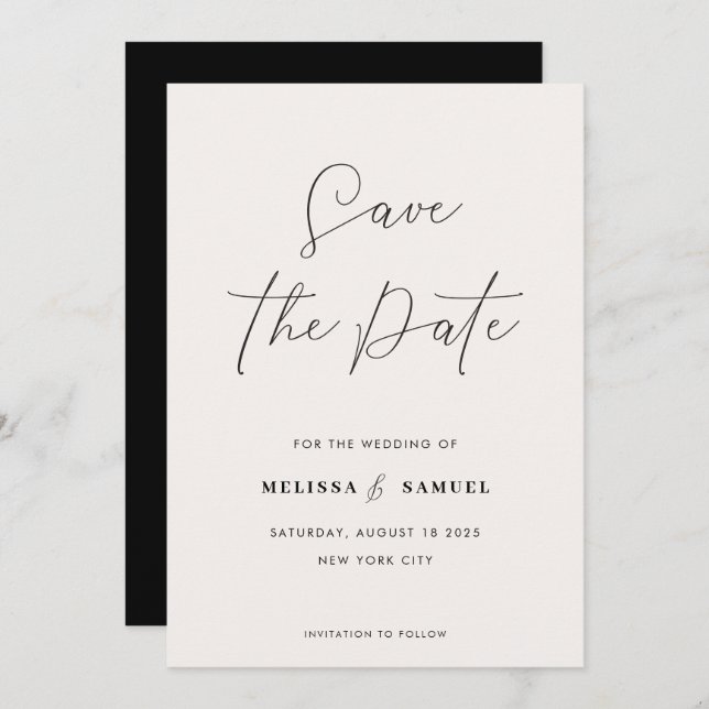 Modern Cream Black Handwritten Script Wedding Save The Date (Front/Back)
