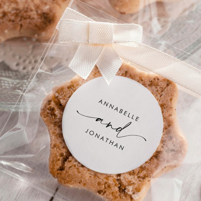 Modern cream black minimal contemporary wedding classic round sticker (Creator Uploaded)