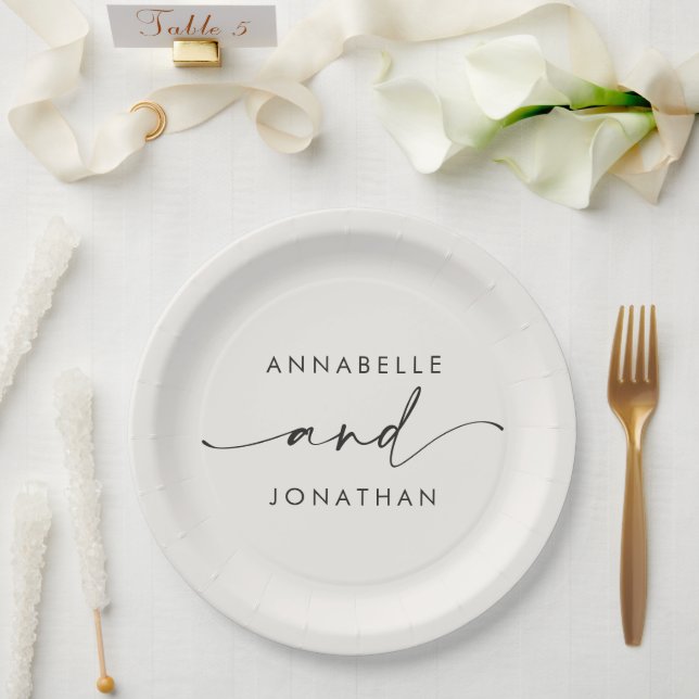 Modern cream black minimal contemporary wedding paper plate (Wedding)