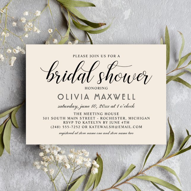 Modern Cream Black Script Wedding Bridal Shower Invitation (Creator Uploaded)