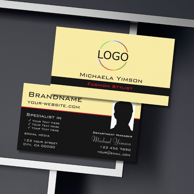 Modern Cream Black with Logo & Photo Professional Business Card (Creator Uploaded)