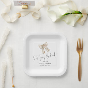 Modern Cream Bow Tying The Knot Bridal Shower Paper Plate