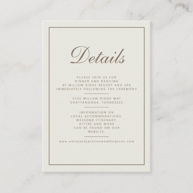 Modern Cream Brown Script Wedding Details Card (Front)