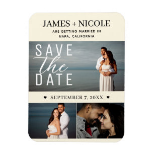 Modern Cream Colour Save the Date Wedding 3 Photos Magnet