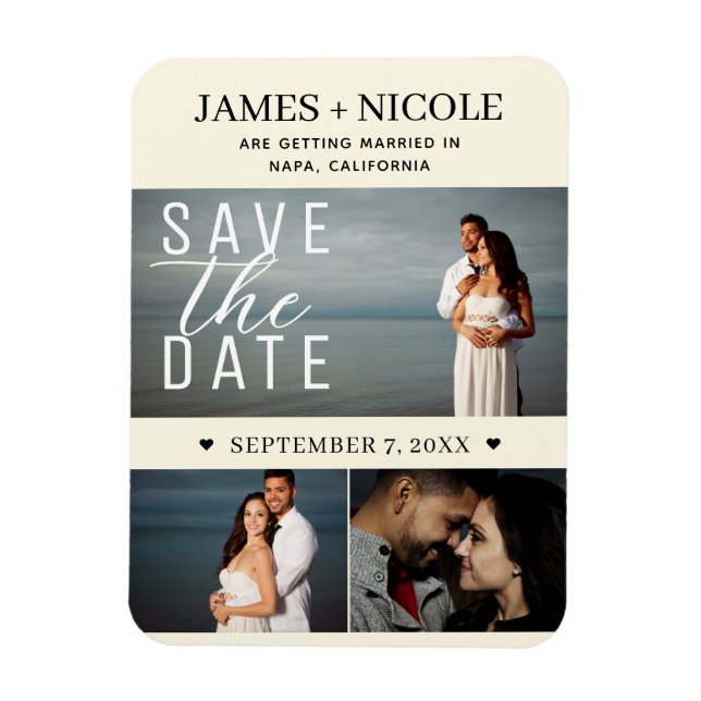 Modern Cream Colour Save the Date Wedding 3 Photos Magnet (Vertical)
