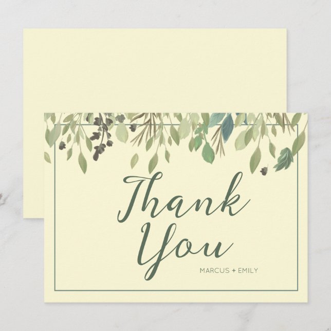 Modern Cream & Eucalyptus Thank You Flat Card (Front/Back)