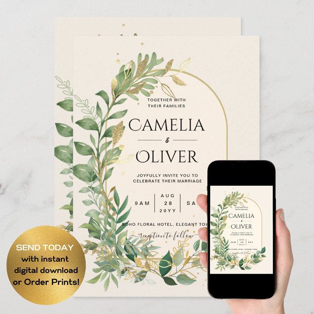 Modern Cream Gold Greenery Botanical Wedding Invitation (Creator Uploaded)