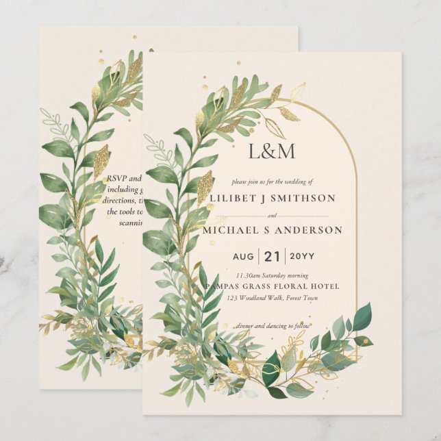 Modern Cream Gold Greenery Botanical Wedding Invitation (Front/Back)