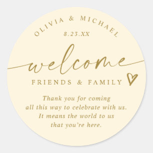 Modern Cream & Gold Wedding Welcome Hotel Bag Classic Round Sticker