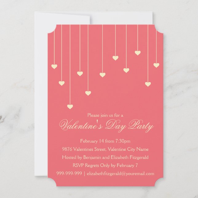 Modern Cream Hearts on Coral Red Valentines Party Invitation (Front)