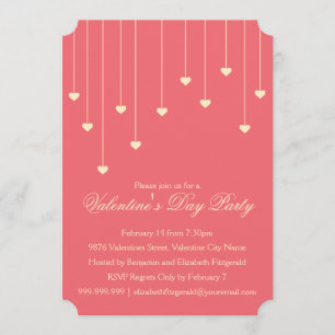 Modern Cream Hearts on Coral Red Valentines Party Invitation