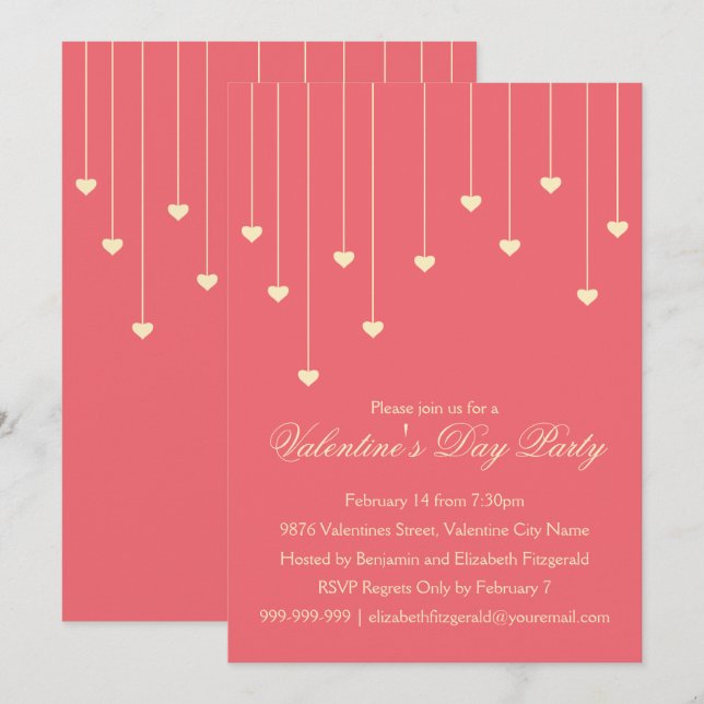 Modern Cream Hearts on Coral Red Valentines Party Invitation (Front/Back)