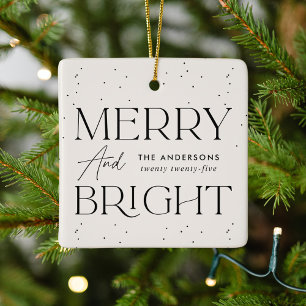 Modern Cream Merry and Bright Photo Ceramic Ornament