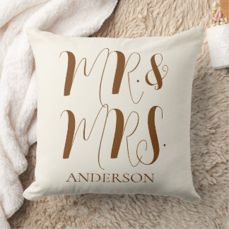 Modern cream Mr and Mrs Script Wedding Cushion