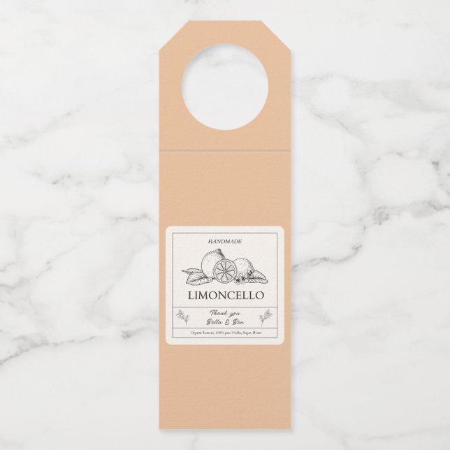 Modern Cream Peach Lemon Wedding Limoncello  Bottle Tag (Front)