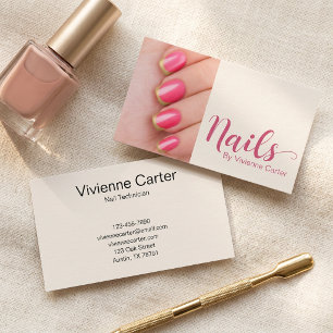 Modern Cream Pink Script Photo Nail Artist Salon Business Card