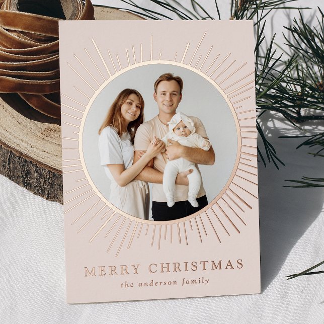 Modern Cream Sunburst Merry Christmas 2 Photo Foil Holiday Card (Creator Uploaded)