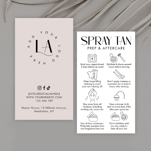Modern Cream & White Elegant Spray Tan Aftercare Business Card (Modern spray tan prep and aftercare cards in beige and white with care icons and space for your logo)