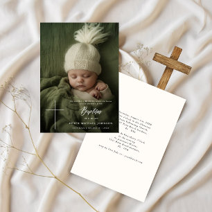 Modern Cream White Script Boy Girl Photo Baptism Invitation