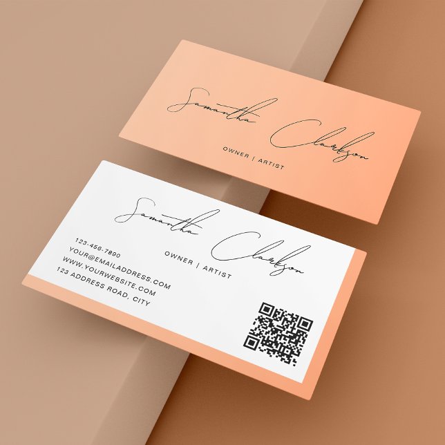 Modern Creamy Peach Handwritten Script QR code Business Card (Creator Uploaded)