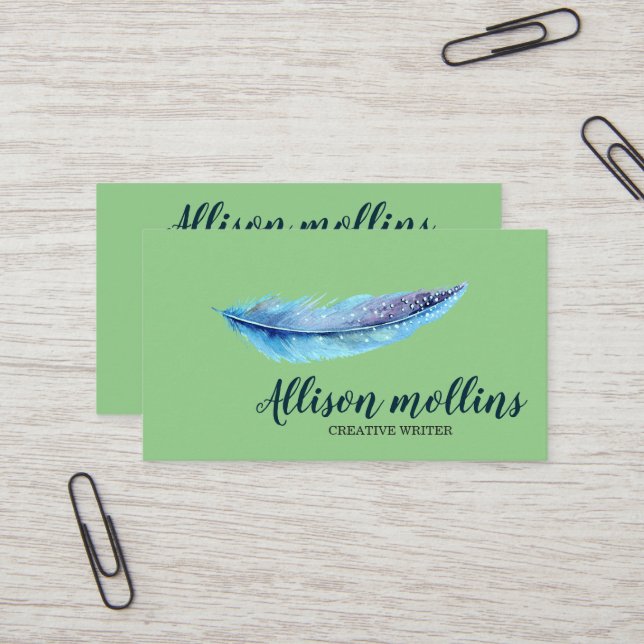 Modern Creative Writer Feather Logo Business Card (Front/Back In Situ)