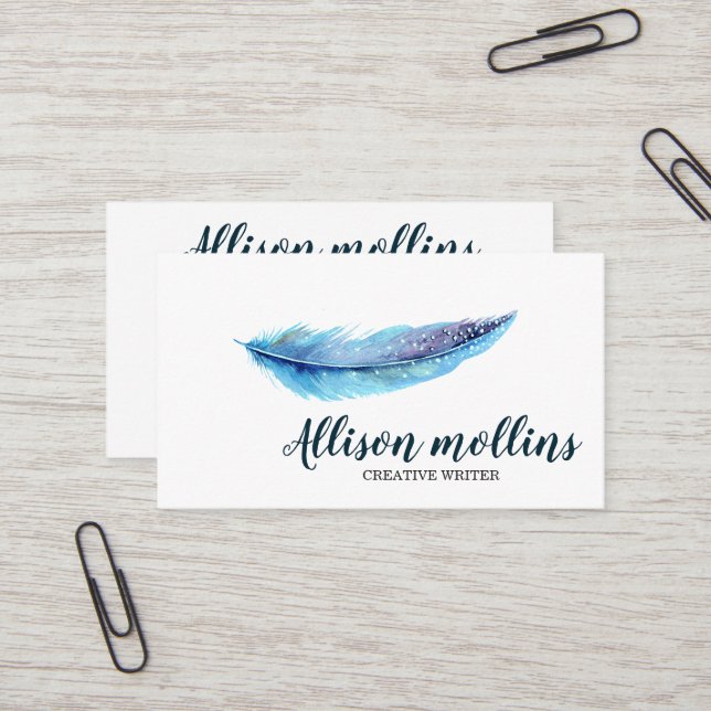 Modern Creative Writer Feather Logo Business Card (Front/Back In Situ)